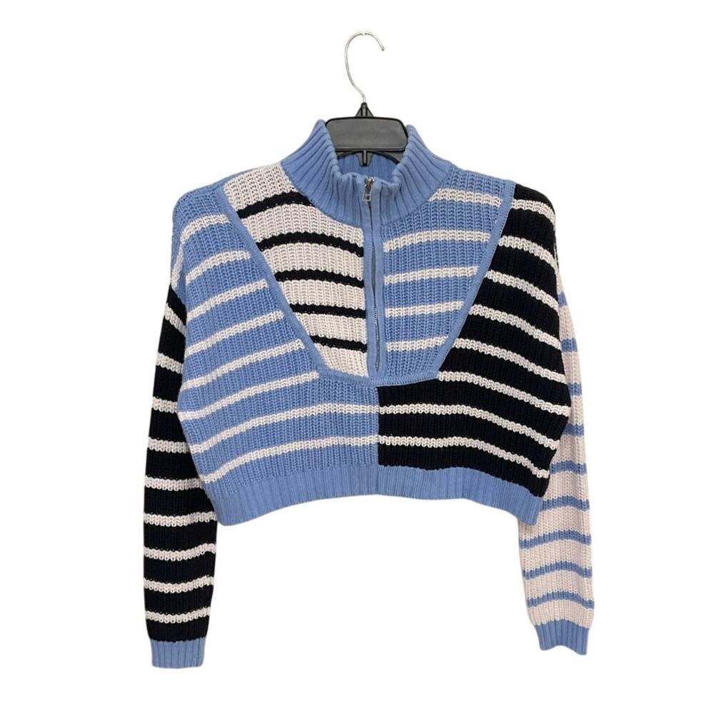 Olivaceous Womens Cropped Sweater Striped Quarter Zip Small Mock Neck Oversized